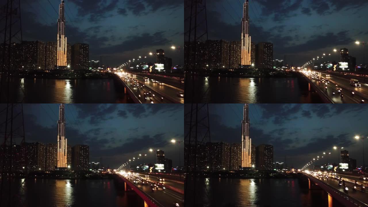 黄昏时，西贡河上的西贡桥和地标81塔的景色