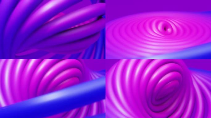 催眠迪斯科纺纱圈。抽象粉色光泽戒指旋转形状。3D模糊渐变装饰动画视频无缝循环。