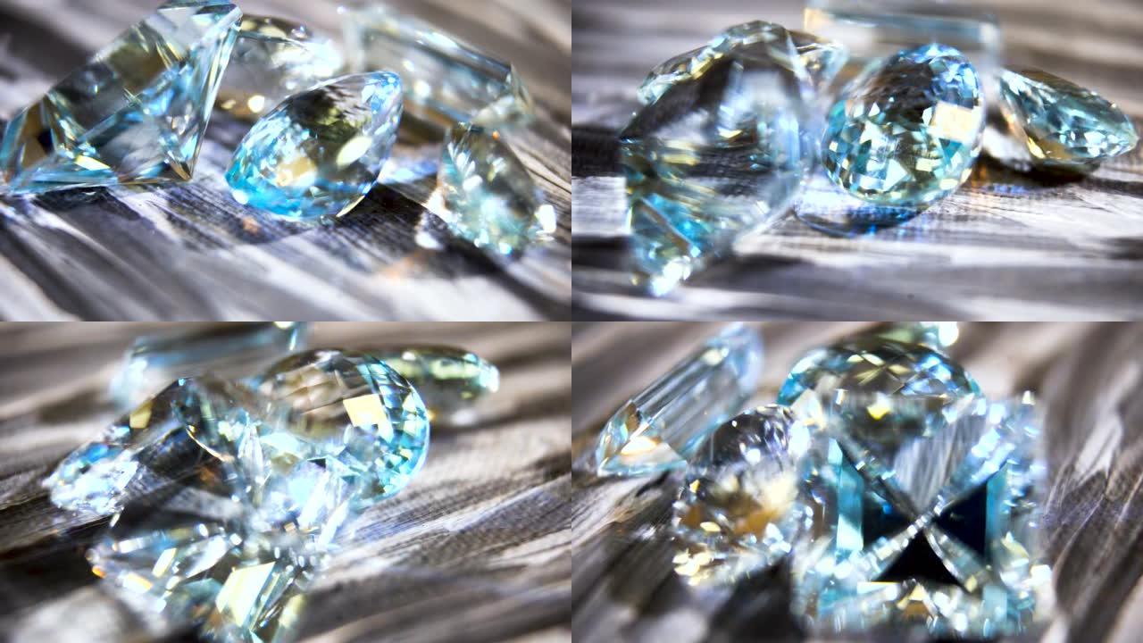 特写。蓝色海蓝宝石宝石的闪光面。蓝色光泽的珍贵精致石材