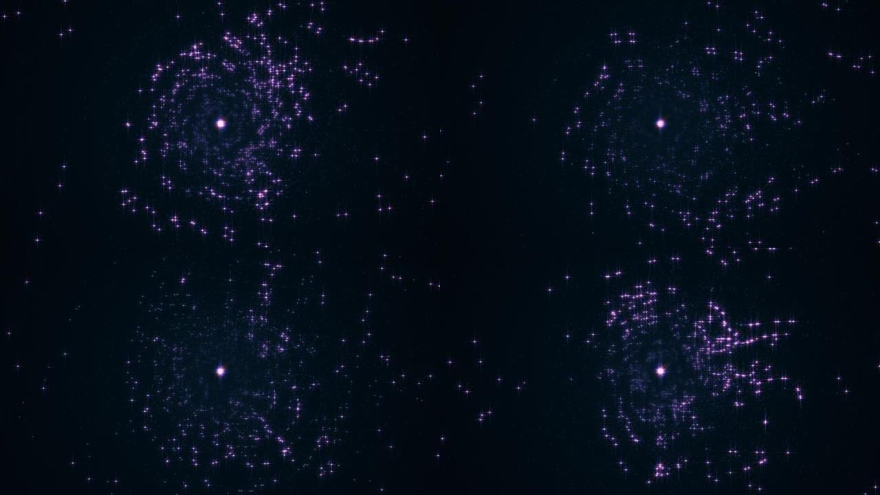 4K 3D运动无缝循环发光粉色星星太空旅行抽象背景。空间动画中带有银河天空闪烁光的图形运动叠加效果循
