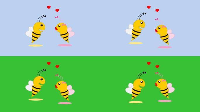 一只蜜蜂爱上蓝绿背景的雌性-动画