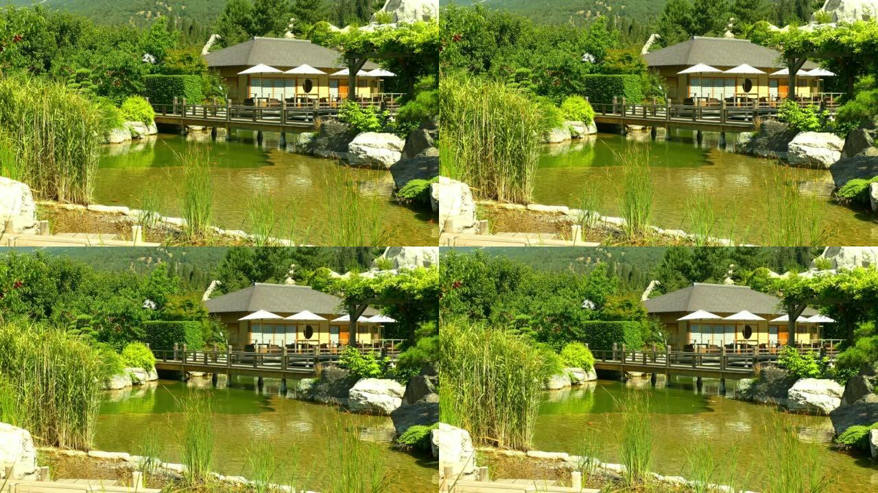 背景 -- 日本花园池塘边的茶馆