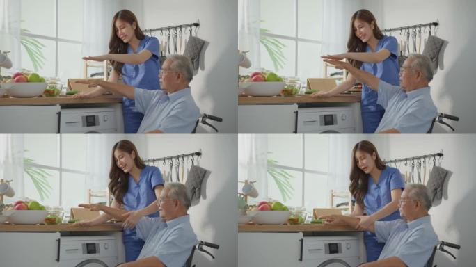 亚洲年轻女性照顾者坐在轮椅上照顾老年男性。老年成熟男子病人在家里用迷人的美丽的医学治疗师女从业者做物