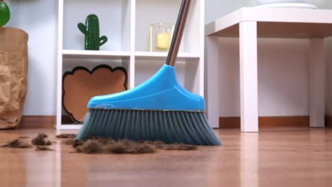 剪掉地板后的头发。在簸箕里用扫帚清洁头发。