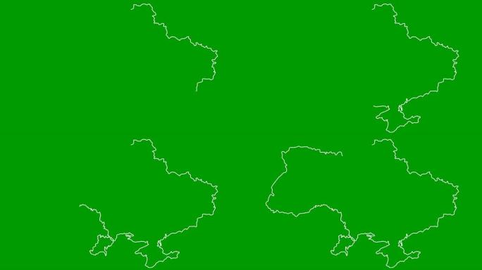 逐渐绘制出动画白色地图。线性符号。国家乌克兰。矢量插图孤立在绿色背景上。