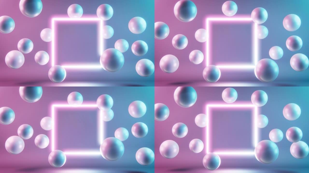 运动中的球和蓝紫色背景上的正方形的4k视频。