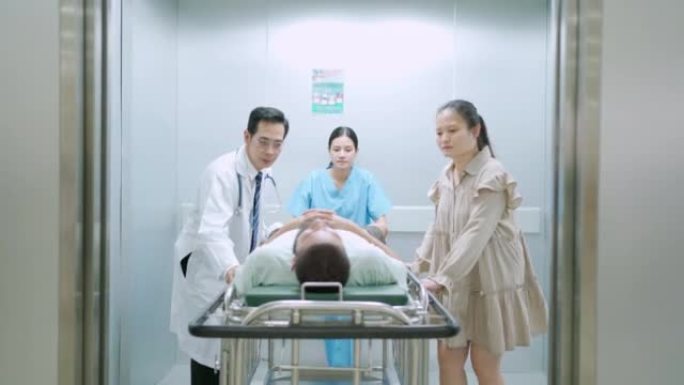一组医生、护士和病人的亲属从电梯里出来，病人躺在担架上。把病人送到急诊室。医疗救援队移动操作理念