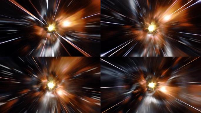 超空间隧道中中心恒星爆发的循环抽象跳跃。太空旅行飞行在银河系的辉光黄色橙色光虫洞隧道中。超空间在五颜