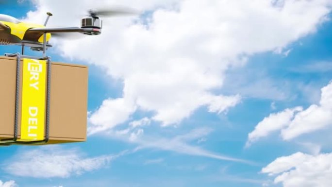 天空背景上的无人机黄色送货包裹。交通和技术理念概念。