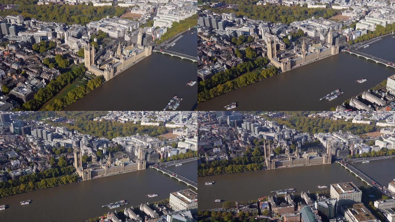 鸟瞰威斯敏斯特教堂，议会大厦，威斯敏斯特桥和白金汉宫，英国伦敦。