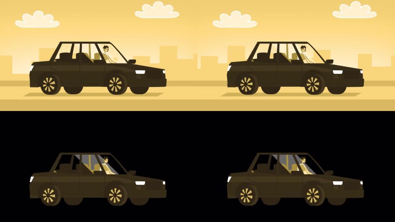 黄色风格的男人平字符驾驶黑色汽车。带有Alpha通道的孤立循环动画