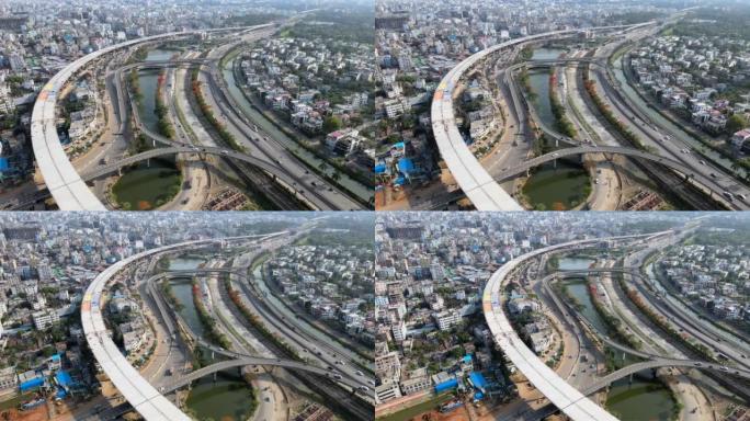 达卡城市交通的鸟瞰图。孟加拉国的公路和运输千岛桥和达卡高架高速公路大型项目。