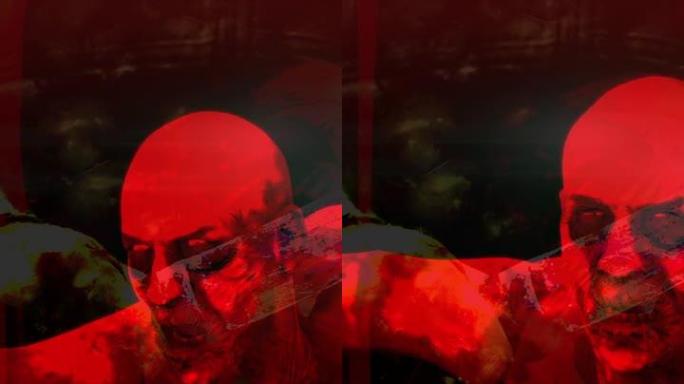 垂直视频-4k男性僵尸在红色夜晚用手电筒照亮地面上爬行