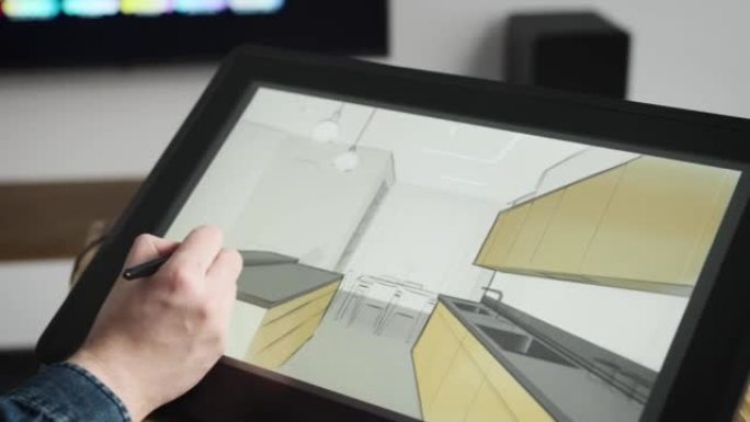 专业建筑师在数字平板电脑上绘制房间草图。创造新的空间和室内设计