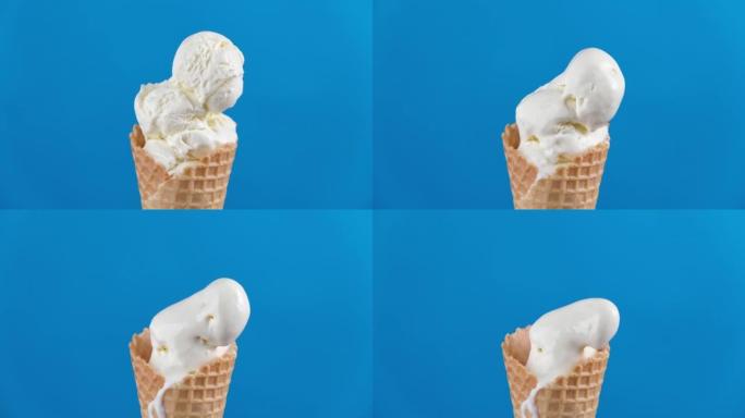 香草冰淇淋融化在蓝色背景上。冰淇淋融化的延时。