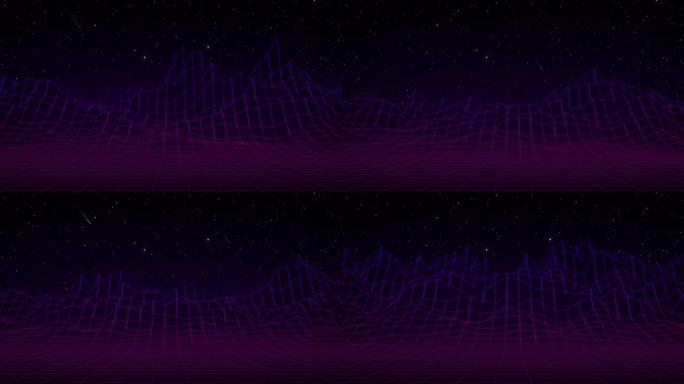 时尚复古未来粉色和蓝色霓虹灯3d山脉移动像均衡器声波。3D渲染。Retrowave VJ视频游戏景观