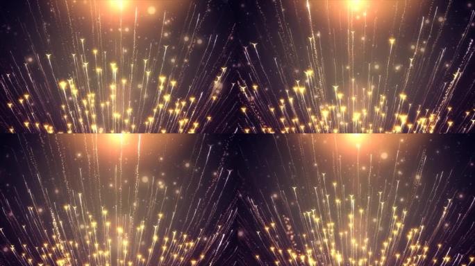 金色星星闪烁的光芒闪耀着黑色背景上的视频。新年和圣诞节魔术明星发光，烟火五彩纸屑闪闪发光。无缝循环。