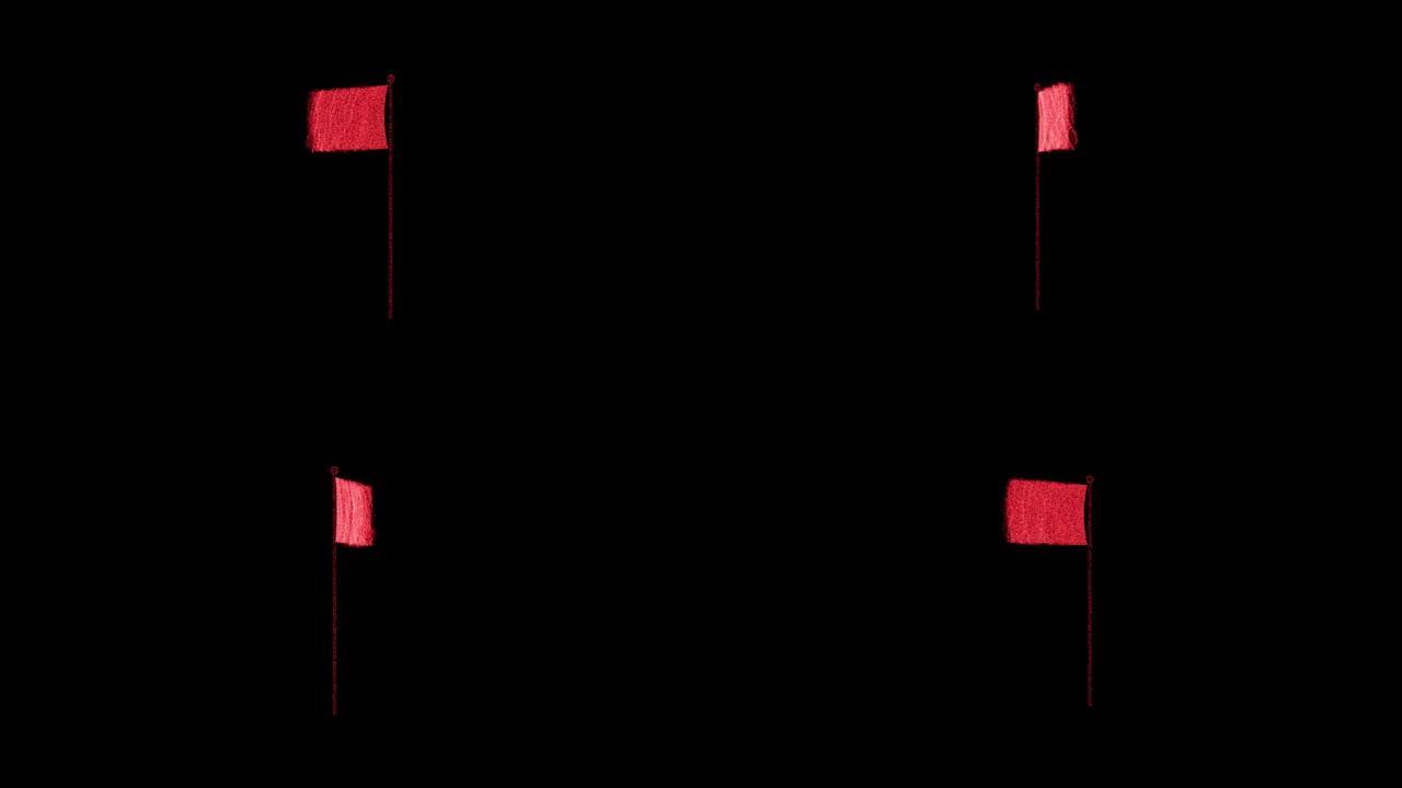 旗杆上的3D标志在黑色背景上旋转。由红色闪烁粒子组成的物体60 FPS。科学概念。标题、演示文稿的抽