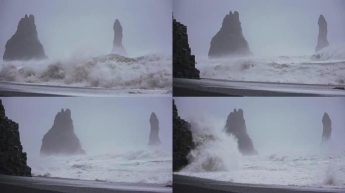 海浪汹涌的黑沙滩