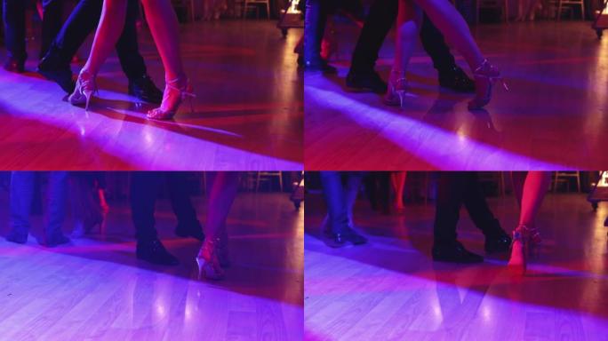 一对夫妇的舞鞋，情侣在舞厅里跳舞传统的拉丁阿根廷舞蹈milonga，探戈萨尔萨·巴查塔·基佐姆巴课，