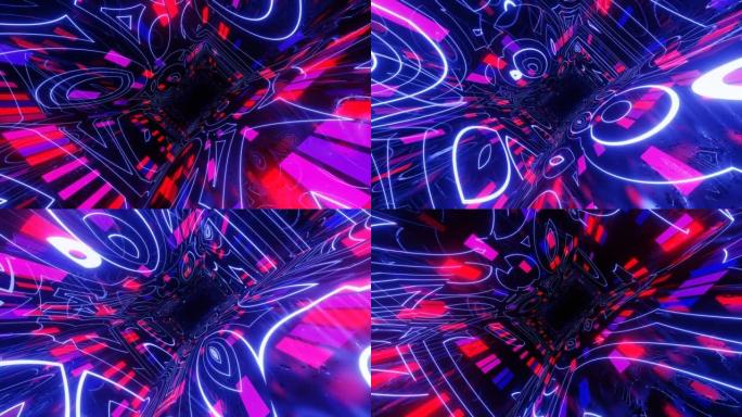 未来全息图。4k无缝循环动画。通过霓虹灯图案的镜像隧道飞行，辉光线形成科幻图案。明亮的反射霓虹灯。简