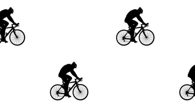 骑自行车的人从左到右穿过屏幕白色屏幕镜头动画。