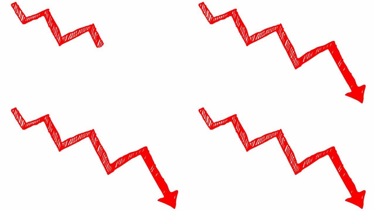 动画红色箭头。经济衰退图表。经济危机，衰退，下降图。利润下降。手绘矢量插图孤立在白色背景上。