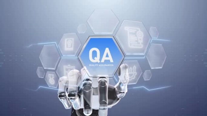 QA质量保证机器人手触摸，触摸未来，界面技术，用户体验的未来，旅程和技术概念，数字屏幕界面