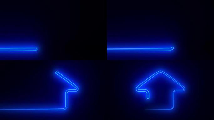 黑暗背景下的蓝色霓虹灯房子。3d渲染