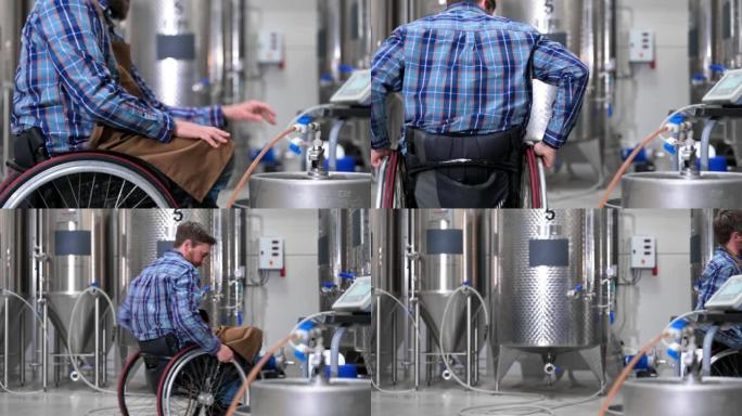 在精酿啤酒工厂使用轮椅工作的残疾人。高质量4k镜头