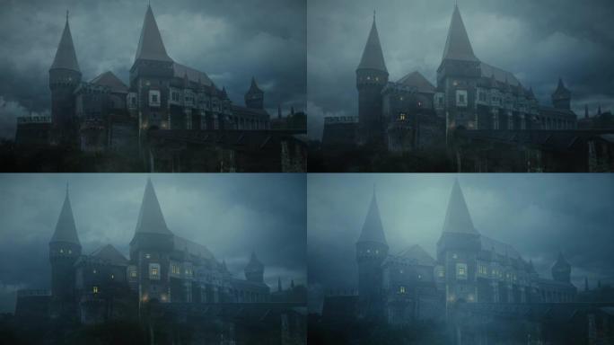 暴风雨之夜的古老中世纪城堡