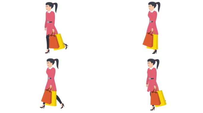 购物的女人。一个带着包的走路女人的动画。卡通