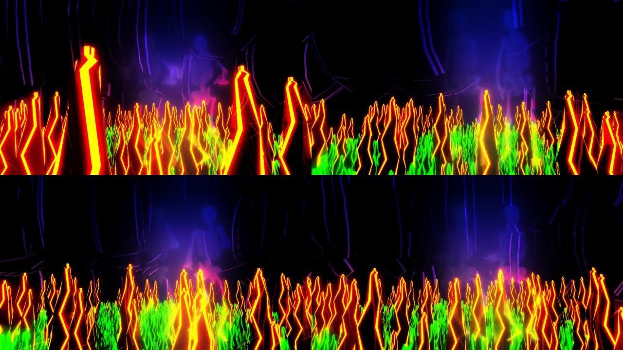 跳舞的霓虹灯骨架。抽象3d动画。
