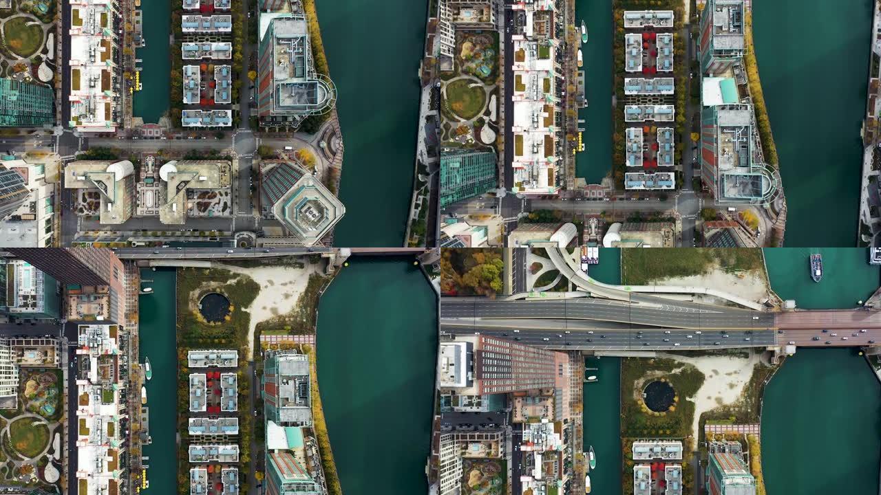 芝加哥天际线的鸟瞰图，美国沿河有摩天大楼。