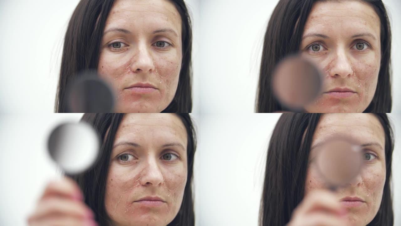 4k慢动作视频，女性皮肤不好，透过放大镜看。