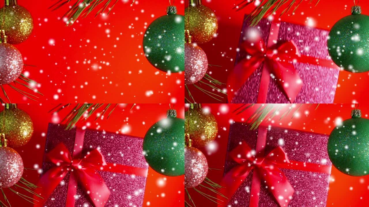 圣诞背景红色带礼品盒复制空间，动画雪花带新年装饰