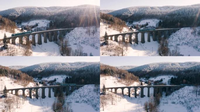 旅客列车穿越白雪皑皑的石质高架桥。