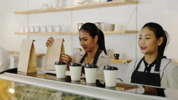 概念邻里小企业。咖啡店的工作人员在说要照顾咖啡店的设备。支持本地企业取得成功。专业统一工作。