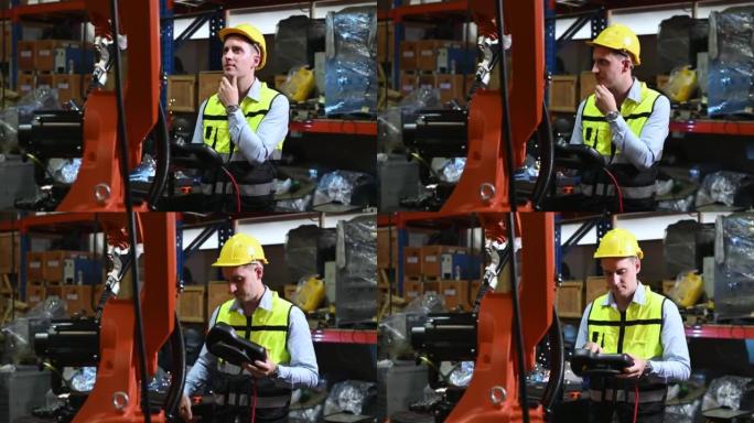 一名男性工人正在控制焊接机器人。通过使用带有用于精密焊接控制的控制屏的强制焊接。快速且高度安全