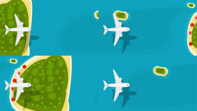 飞机正在飞往一个热带岛屿。动画环游世界。卡通