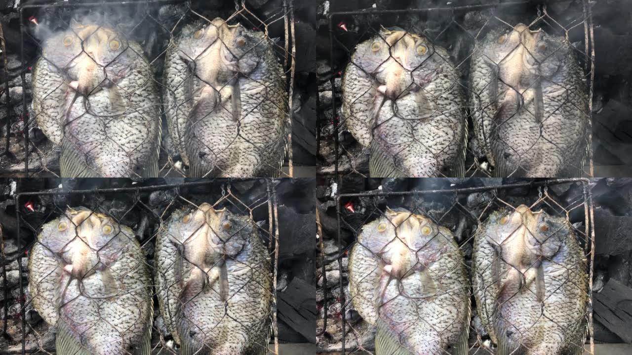 Top view of Cooking fish and roasting marinated fi