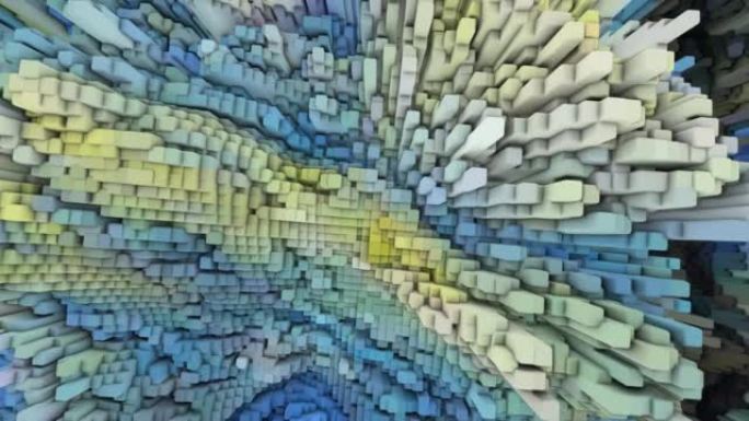 3D抽象景观动画。蓝色立方体形式的纹理表面。文摘梵高的《星夜》画。NFT元宇宙概念。4K