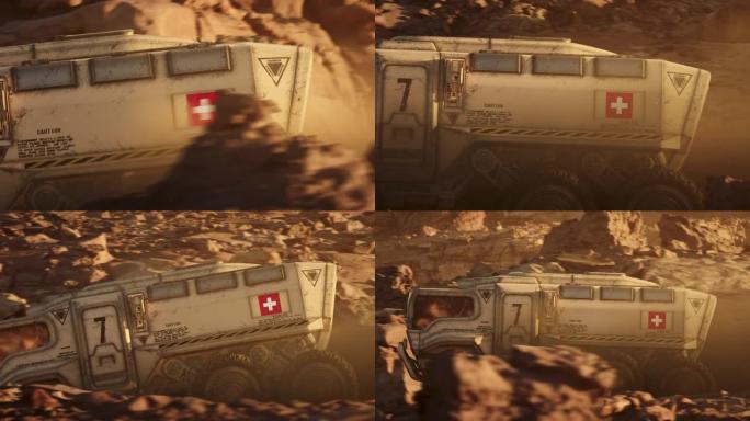 火星行星的太空殖民。放大带有瑞士国旗的火星探测器，探索行星表面垂直视频
