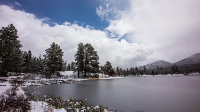 时间流逝-冬季科罗拉多州落基山国家公园的湖景