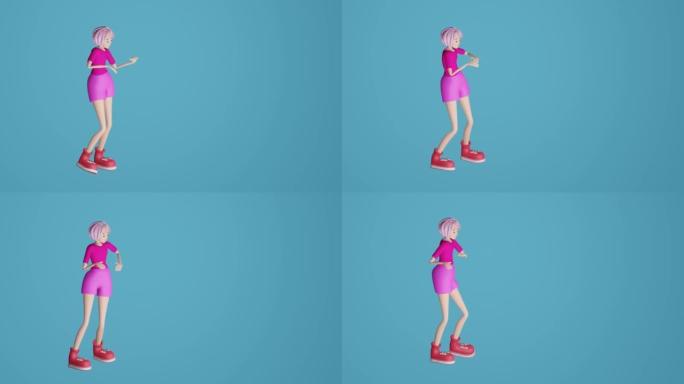淡紫色头发的跳舞女孩。3d动画，3d渲染。