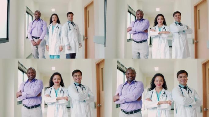男女医生站在一起的肖像。他们在医院的走廊上。