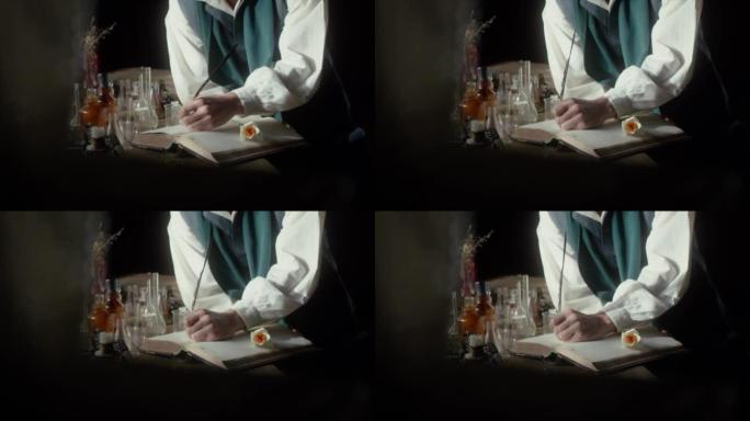 一位男性香水作家手里拿着一支笔，准备写下一份新香水的配方。中世纪风格。电影概念。特写。4k视频，红色
