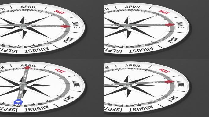 黑色背景上的日历和指南针。3D插图