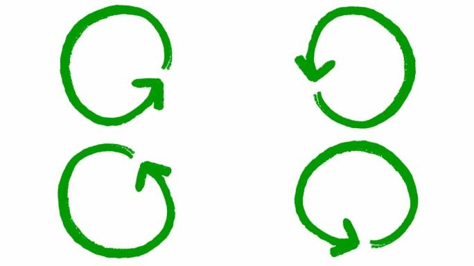 圆圈箭头的动画图标。绿色符号旋转。循环视频。手绘矢量插图孤立在白色背景上。