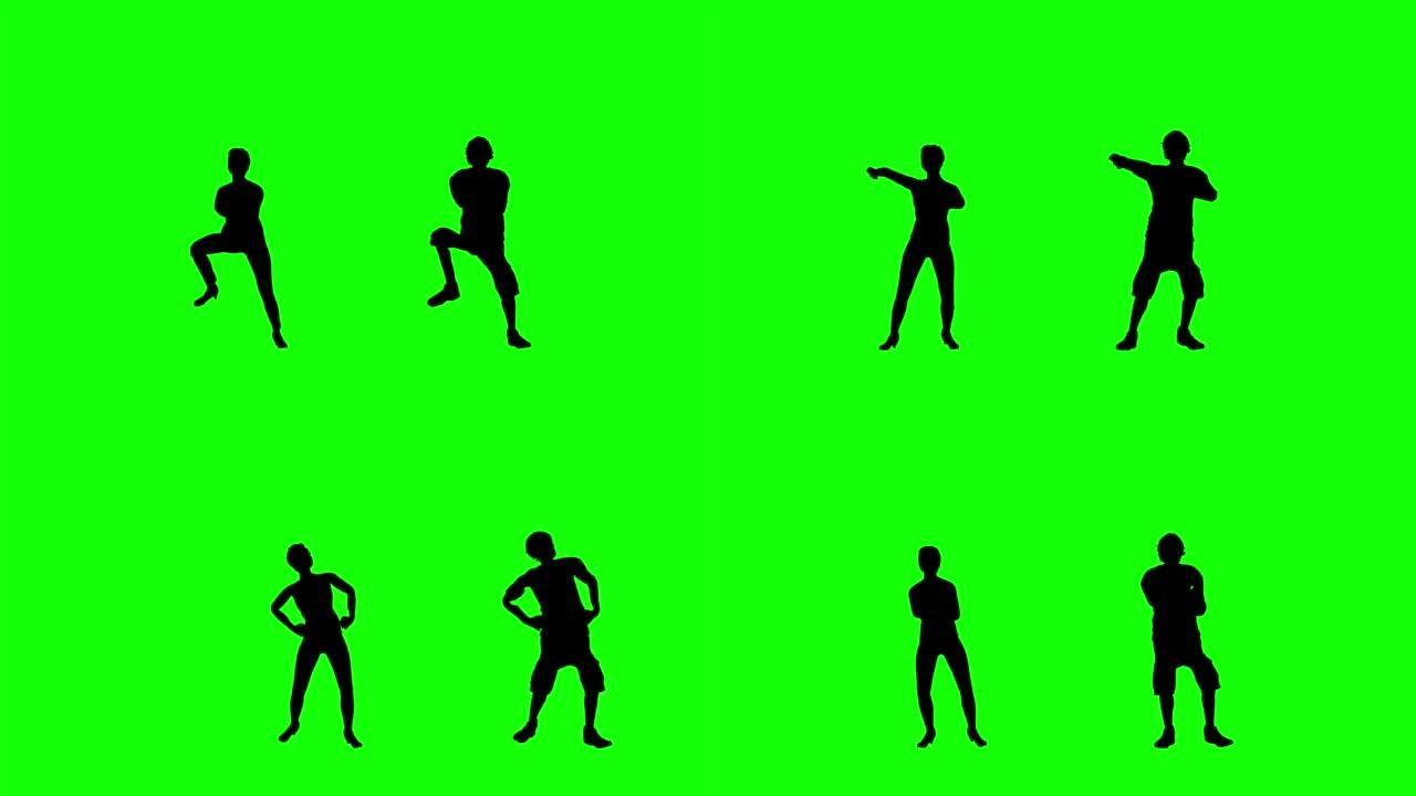 绿色屏幕上的男孩和女孩跳舞剪影
